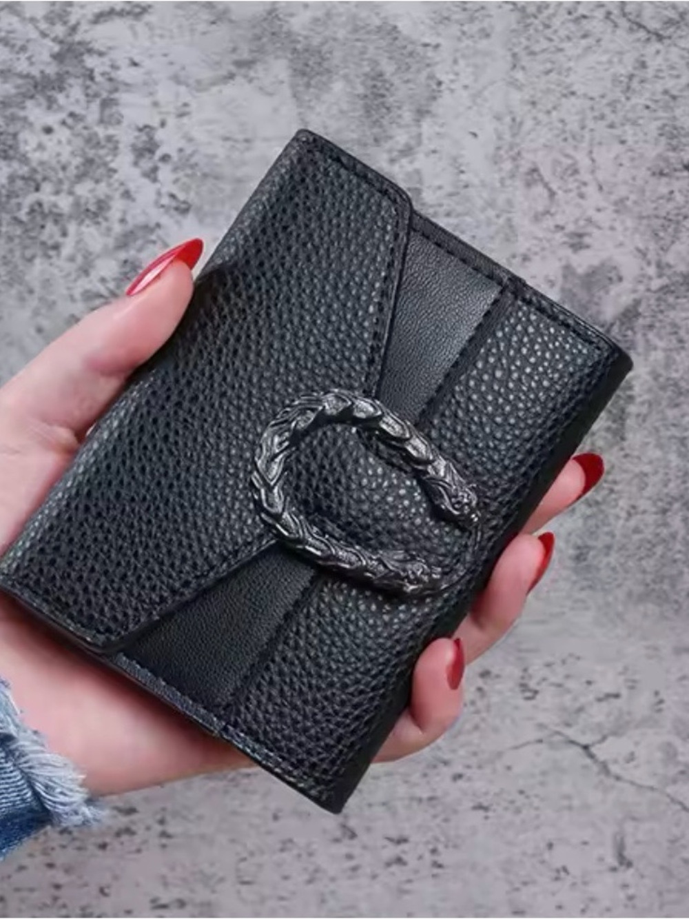 Kohl's Black Textured Compact Wallet with Decorative Metal O-Ring